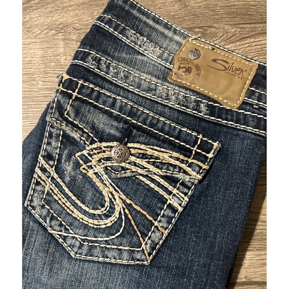 Silver Pioneer Boot Cut Dark Wash Low Rise Stretch Blue Jeans Size 27 (29x31)